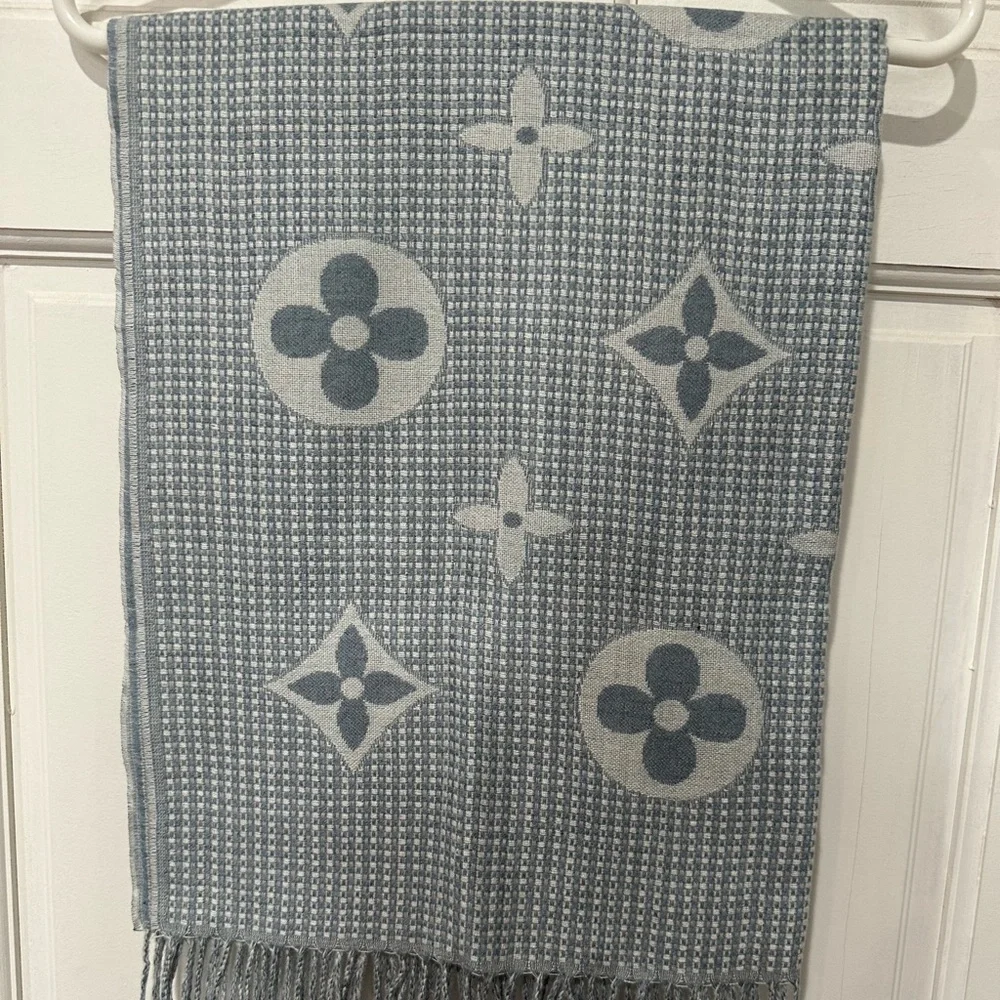 Blue & Gray Monogram Fringe Scarf | Floral Medallion Knit Wrap